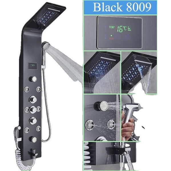 Pannello Doccia Con Display A Led Della Temperatura, 6 Modalità D'acqua, Acciaio Inossidabile Resistente, Nero L-8009-image