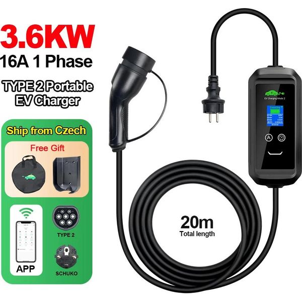 Caricabatterie Portatile Per Veicoli Elettrici, Potenza Massima 3,6 Kw, Lunghezza Cavo 20 M, Nero, TYPE2-image