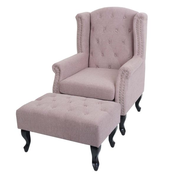 Sessel Chesterfield Oxford, Relaxsessel Clubsessel Ohrensessel, Wasserabweisend Stoff/Textil ~ Hellrosa Mit Ottomane-image