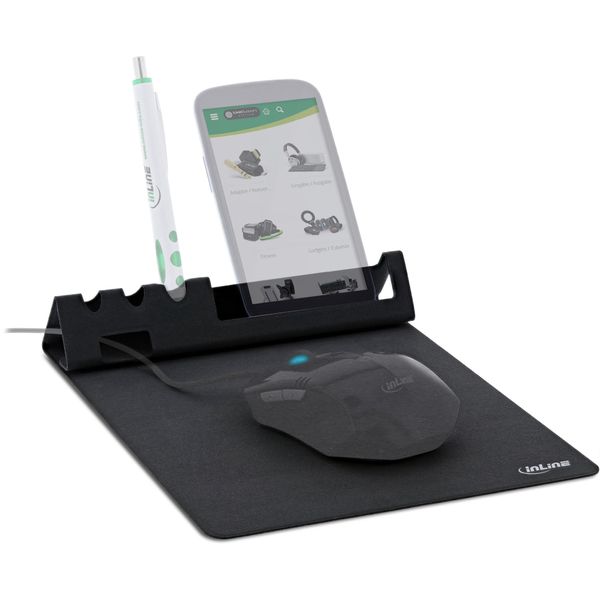 Inline® Tappetino Per Mouse Con Supporto Smartphone E Portapenne, Nero-image