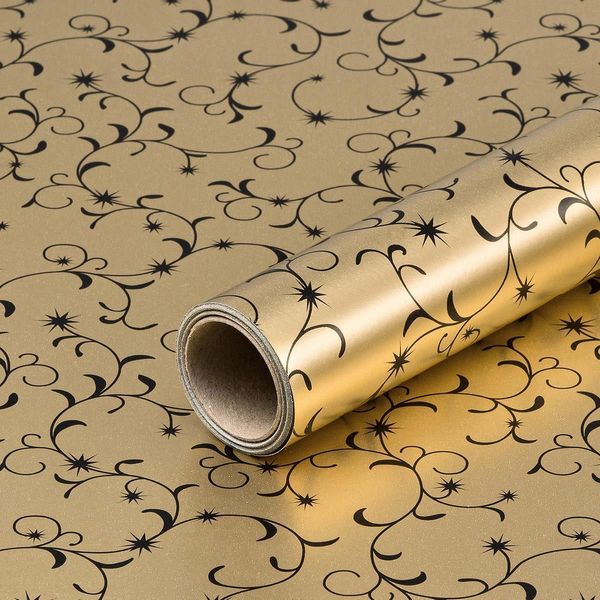 Carta Da Regalo Per Natale, Arabeschi, Oro, Nero, 0,70 X 10 M-image