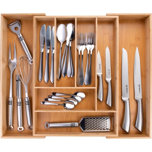 Vassoio Portaposate Estensibile 46 X 34 - 56,6 X 6 Cm - Da 6 A 8 Scomparti - Materiale Ecologico In Bambù-image