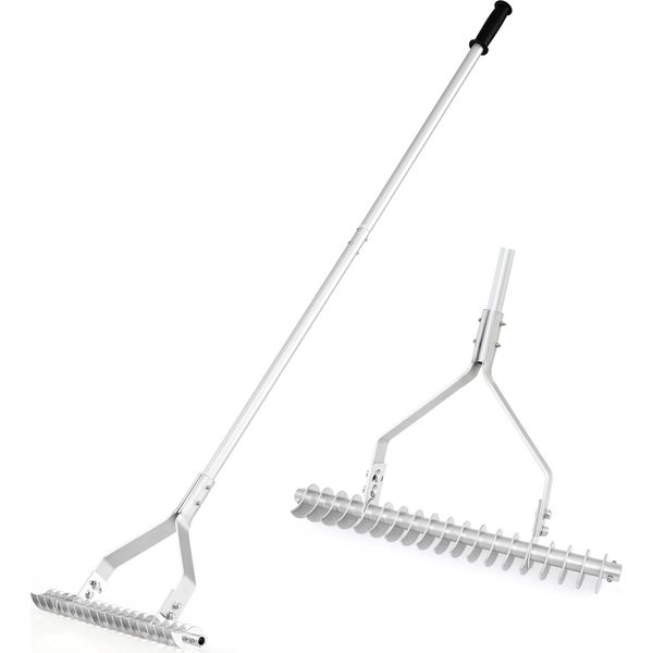 Costway Rastrello, Rastrello Da Giardino In Alluminio 50X178Cm, Rastrello Per Prato Con 19 Denti Regolabili, Manico E Testa Del Rastrello Su Entrambi I Lati, Rastrello Per Terra Argento-image