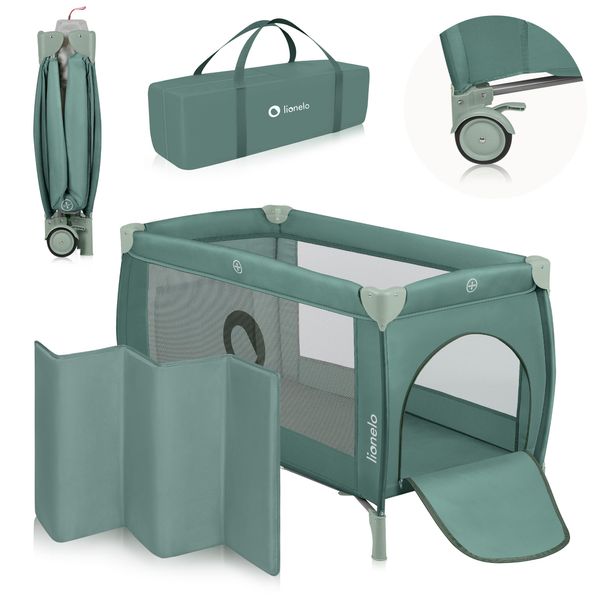 Lionelo Stefi Plus 2-In-1 Lettino Da Viaggio E Box Fino A 15 Kg, Lettino Per Bambini, Lettino Da Viaggio Con Materasso, Ingresso Laterale Con Cerniera - Verde-image