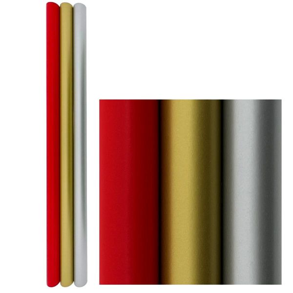 Carta Da Regalo Per Natale - Carta Patinata 80 Grammi - Rosso Argento Oro - 3 Metri X 70 Cm - 3 Rotoli-image