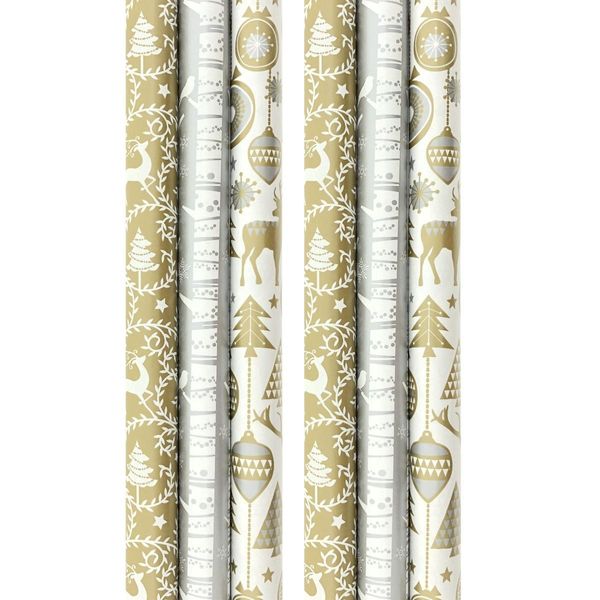 Assortimento Di Carta Natalizia Color Oro E Argento, Carta Da Regalo, Confezione Regalo - 200 X 70 Cm - 6 Rotoli-image