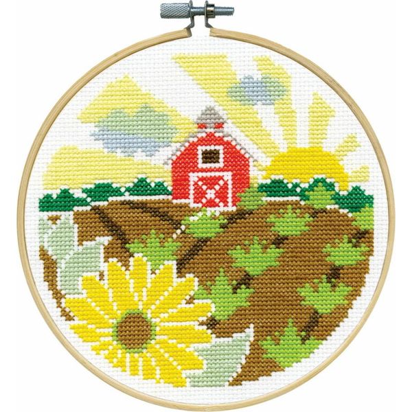 Kit Per Ricamo A Punto Croce Design Works Con Cerchio Da Ricamo "Farm"", Schema Di Conteggio, Diam. 15 Cm"-image