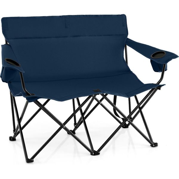 Costway Sedia Da Campeggio Per 2 Persone, Sedia Pieghevole Con Portabicchieri, Braccioli E Borsa Per Il Trasporto, Divano Da Campeggio Pieghevole Fino A 300Kg Blu-image