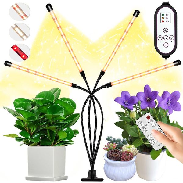 Lampada A Led Per Piante A Spettro Completo IP65 Dimmerabile, Clip Di Luce Per Piante 3 Modalità, Lampada Di Crescita Timer Telecomando Per Piante D'appartamento (4 Tubi Luminosi)-image