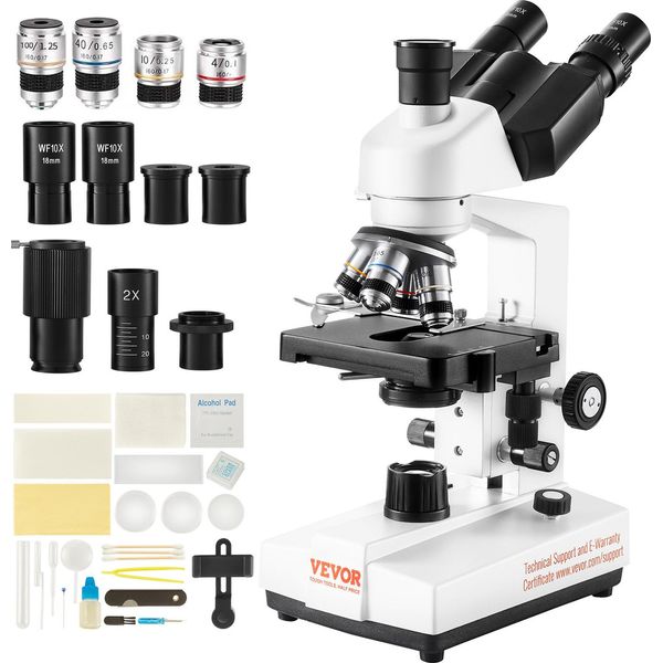 Vevor Microscopio Trinoculare 10X, 25X, Lente Ausiliaria 2X Microscopio Composto, Obiettivi 4X, 10X, 40X, 100X, Microscopio A Luce Riflessa Da Laboratorio Ingrandimento 40-5000, Microscopio Da Laboratorio 100-240 V Microscopio Composto-image