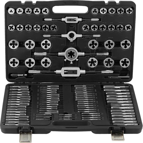 Succebuy Set Di Maschi E Filiere, 110 Pezzi, Utensili Metrici M2-M18 In Acciaio Per Cuscinetti Con Accessori Completi E Valigetta Di Custodia-image