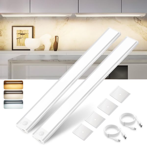 Zmh Sottopensile Cucina Led Dimmerabile 3 Temperatura Colore Illuminazione Armadio Con Rilevatore Di Movimento 40CM 2 Pezzi Argento Luce Armadio Usb Ricaricabile-image