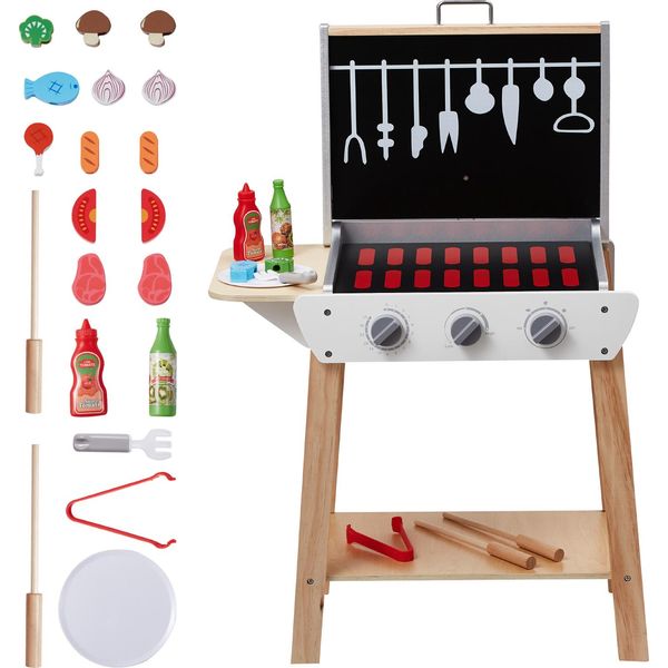 Succebuy Barbecue Giocattolo In Legno, Set Da Gioco Per Barbecue Per Bambini Con Cibo E Attrezzi Da Barbecue (21 Pezzi), Accessori Da Cucina In Legno, Gioco Di Ruolo In Cucina Per Bambini-image