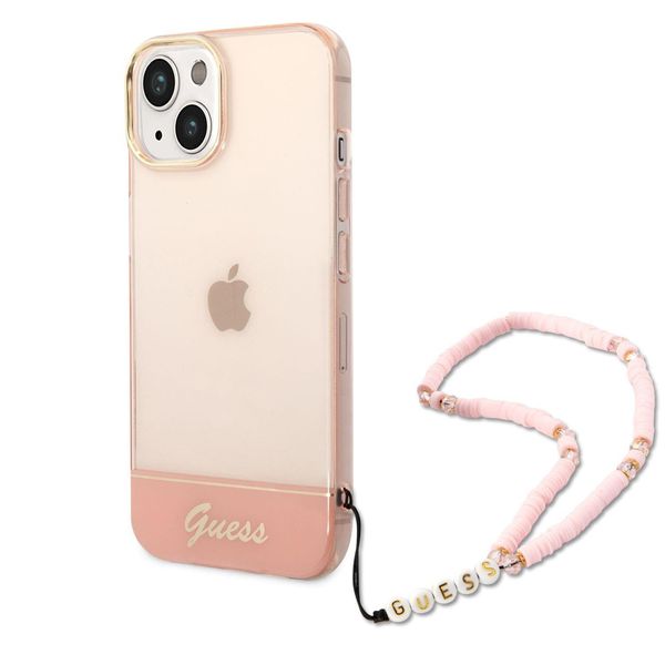 Guess Guhcp14Mhgcohp Custodia Rigida Rosa/Rosa Per Iphone 14 Plus / 15 Plus 6.7 Con Cinturino Perlato Traslucido-image