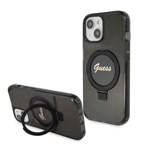 Guess Guhmp15Shrsgsk Iphone 15 / 14 / 13 6.1 Czarny/Nero Custodia Rigida Ad Anello Stand Script Glitter Magsafe-image