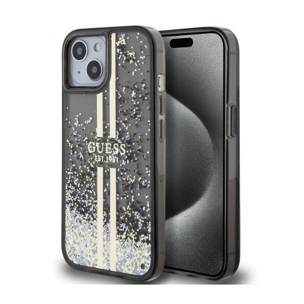 Guess Guhcp15Slfcsegk Custodia Rigida Per Iphone 15 / 14 / 13 6.1 Czarny/Nero Liquid Glitter Gold Stripes-image