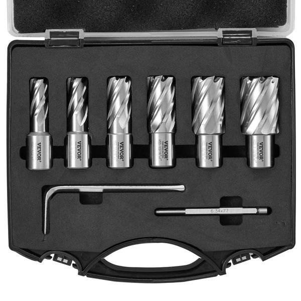 Set Di Punte A Corona Vevor In Metallo 6 Pezzi 1/2, 9/16, 11/16, 13/16, 15/16, 1-1/16 Pollici Set Di Punte A Corona Profondità Di Taglio 25,4 Mm Set Di Frese Anulari, In Acciaio Rapido M2AL Accessori Per Punte Magnetiche-image