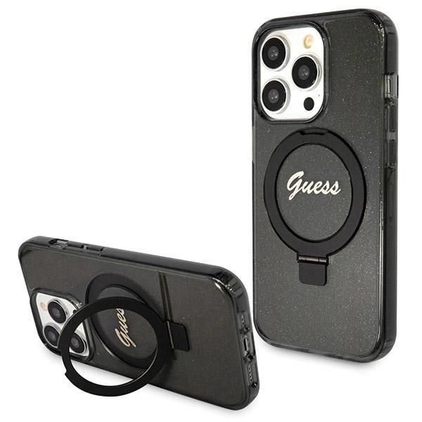 Guess Guhmp13Xhrsgsk Iphone 13 Pro Max 6.7 Czarny/Nero Custodia Rigida Ad Anello Stand Script Glitter Magsafe-image