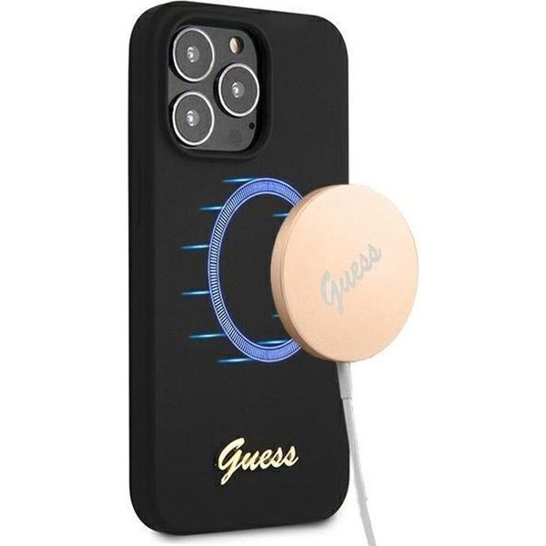 Guess Guhmp13Xlslmgbk Iphone 13 Pro Max6,7 Nero/Czarny Custodia Rigida In Silicone Script Gold Logo Magsafe-image