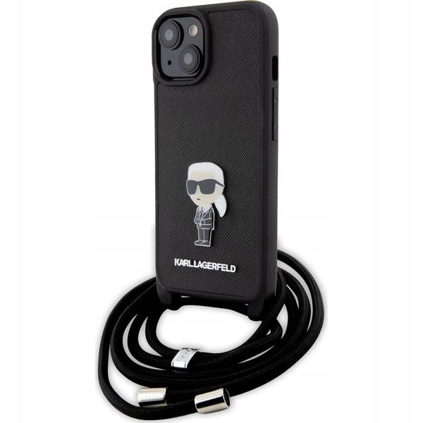Karl Lagerfeld Klhcp15Sasknpsk Custodia Rigida Per Iphone 15 / 14 / 13 6.1 Czarny/Black Crossbody Saffiano Monogram Metal Pin Karl & Choupette-image