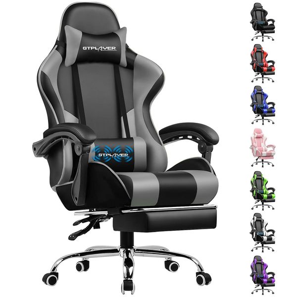 Gtplayer Sedia Da Gioco Con Poggiapiedi E Cuscino Lombare Massaggiante Sedia Da Ufficio Sedia Da Gioco Sedia Da Gioco Ergonomica Con Braccioli Di Collegamento, Caricabile Fino A 150 Kg Grigio-image