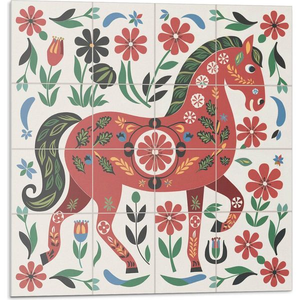 Motivo Di Un Cavallo Tra I Fiori - Piastrelle Autoadesive - Piastrelle Da Parete - Pannelli Da Parete - Piastrelle Autoadesive Per Il Bagno - Piastrelle Autoadesive Per La Cucina - Carta Da Parati Autoadesiva - Decorazione Murale - 4 Unità 50 X 50 Cm-image