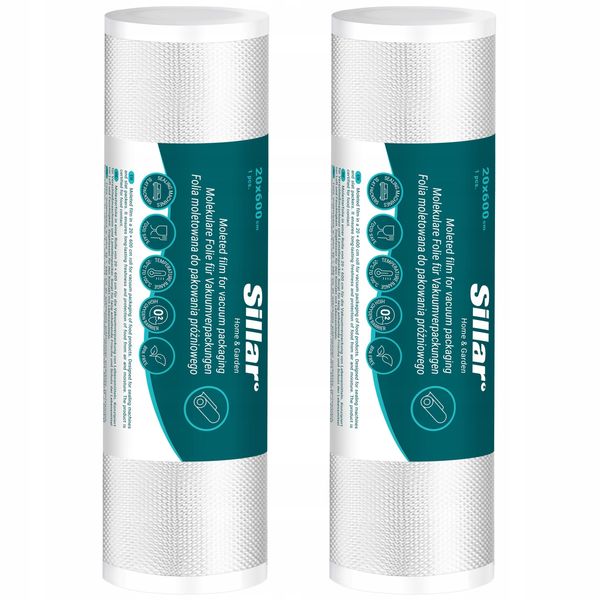 Sacchetti Per Il Sottovuoto Sillar, 2 Rotoli 20 X 600 Cm, Senza Bpa, Sacchetti Per Il Sottovuoto Robusti E Resistenti Agli Strappi, Pellicola Per Il Sottovuoto, Pellicola Per Il Sottovuoto, Pellicola Aggrappante Per Sigillatrici Sottovuoto-image