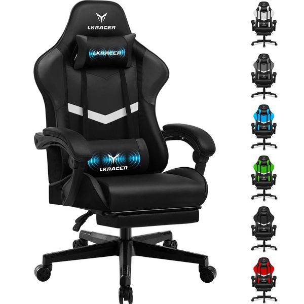 Luckracer Sedia Da Gioco Sedia Da Ufficio Ergonomica Con Cuscino Lombare Cuscino Poggiatesta, Sedia Da Gioco Regolabile In Altezza Capacità Di Carico 150 Kg, Poggiapiedi Nero-image