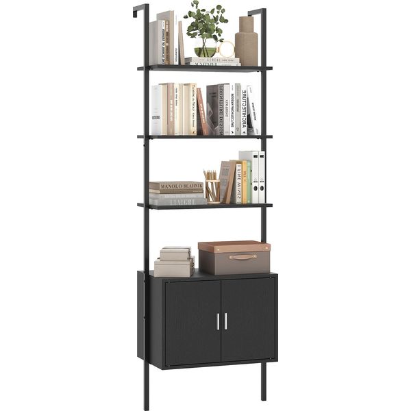 Libreria Costway Alta 184 Cm, Scaffale A Parete A 5 Livelli A Forma Di Scala Con Armadietto, Kit Antiribaltamento E Struttura In Metallo, Ripiano Portaoggetti Aperto-image