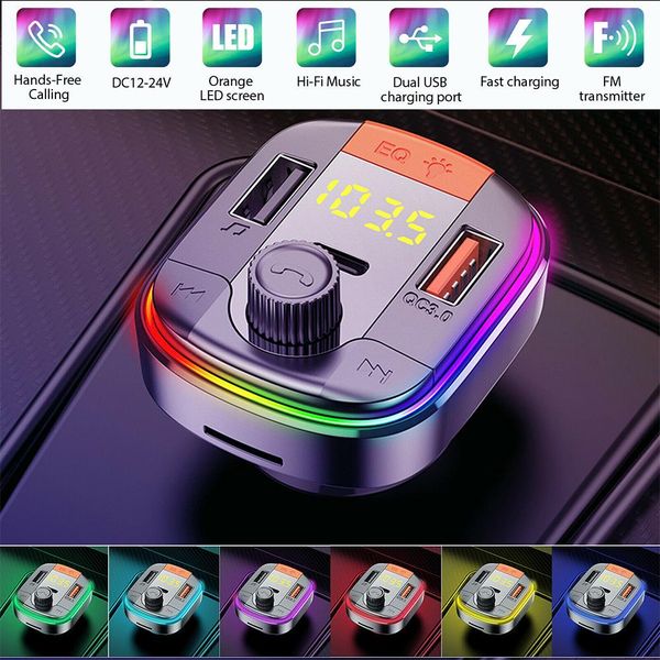 Auto Fm Trasmettitore Ricevitore Mp3 Lettore Colorato Luci Led M3 Wireless Bluetooth Compatibile Pd +Qc3.0 Ricarica Veloce Caricatore Usb Nero-image