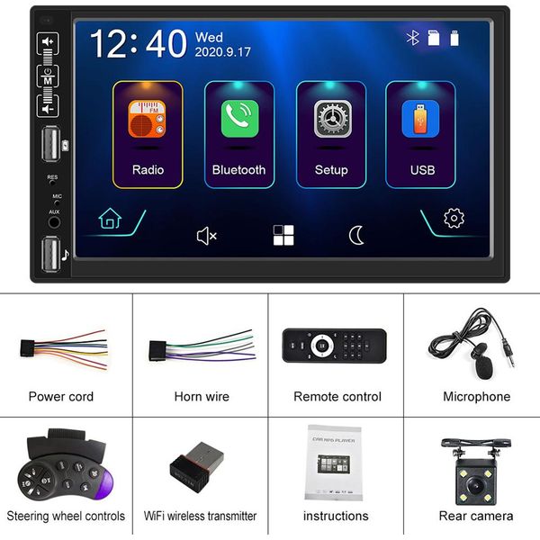 Autoradio 2Din 7 Pollici Hd MP5 Carplay Bluetooth Fm Music Player Con 4 Telecamere Luminose-image