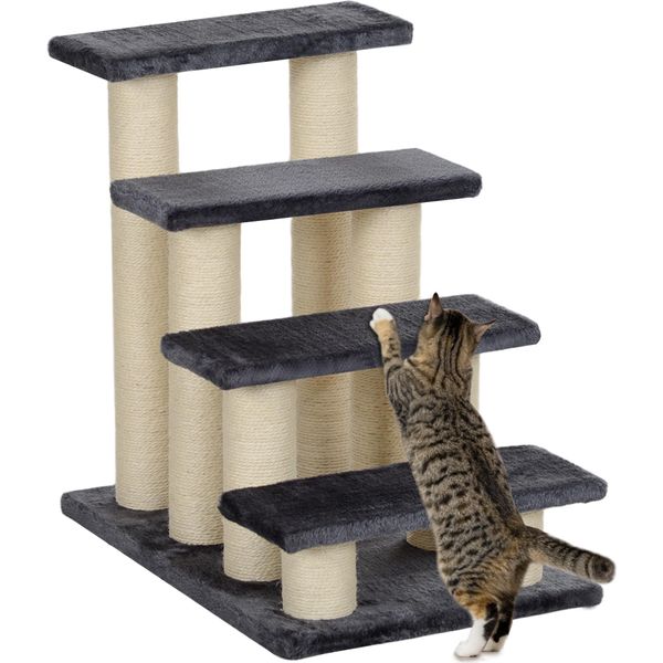 Pawhut Scale Per Animali Domestici Scale Per Gatti Scale Per Cani 4 Gradini Per Gatti E Cani Grigio Peluche 60 X 40,5 X 59 Cm-image