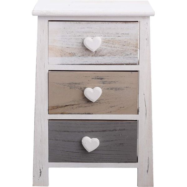 Comodino Rebecca Mobili In Stile Vintage 3 Cassetti, Legno, Bianco, Beige E Grigio-image