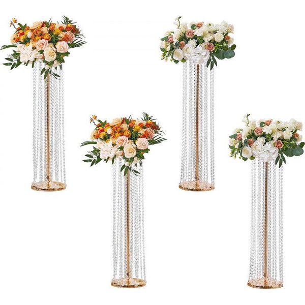 Set Di 4 Sgabelli Per Fiori - Portafiori Moderno In Ferro 20X20X90Cm, Vaso In Cristallo Con Galvanizzazione Oro - Sgabello Decorativo Per Piante Per Bar, Hotel E Caffè.-image