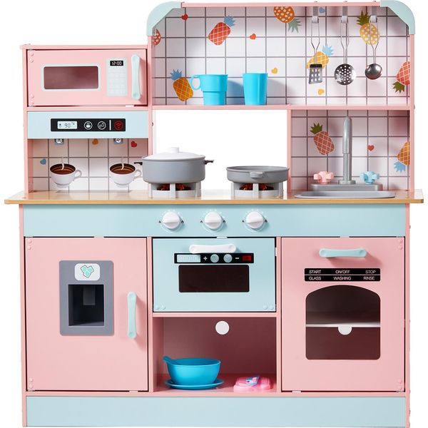 Succebuy Cucina Giocattolo Per Bambini, Set Di Cucina Giocattolo In Legno Con Luci E Suoni. Cucina Per Bambini Con Gelatiera, Forno, Lavello, Microonde, Frigorifero, Posate E Accessori Per La Frutta Per Bambini Dai 3 Agli 8 Anni.-image