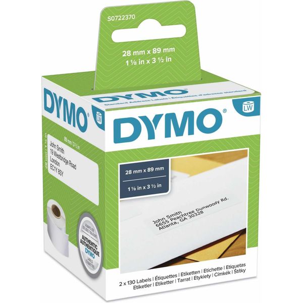 Dymo Labelwriter Address - Adesivo Permanente - Bianco - Rotolo (8,9 Cm X 2,8 M) 260 Etichette (2 Rotoli X 130) Etichette Per Indirizzi - Per Dymo Labelwriter 310, 315, 320, 330, 400, 450, 4XL, SE450, Wireless-image