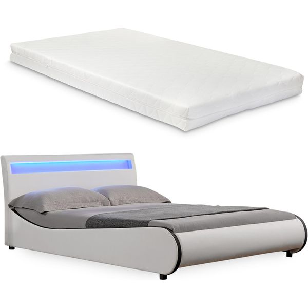 Letto Imbottito Corium® Led 'Valencia' Con Materasso - 140 X 200 Cm - Ecopelle Bianca - Con Rete A Doghe E Illuminazione Rgb-image