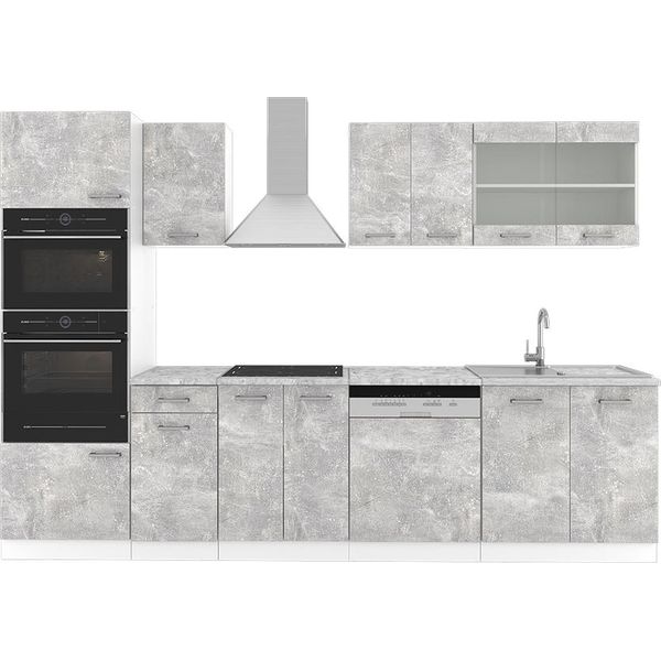 Vicco Cucina Componibile R-Line, 300 Cm Con Armadio Alto, Senza Piano Di Lavoro, Cemento/Bianco-image