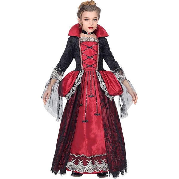 Costume Da Vampiro Pomposo Per Ragazze Costume Di Halloween Nero-Rosso 8-10 Anni (140 Cm)-image