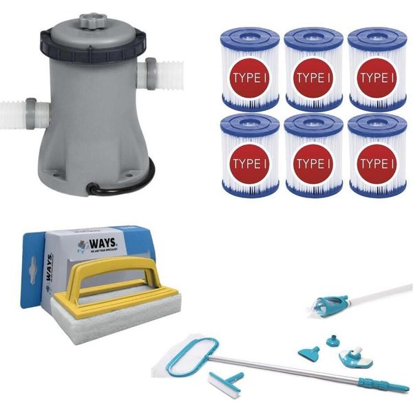 Ways - Cura Della Piscina - Set Di Manutenzione Deluxe & Pompa Filtro 1249 L/H & 6 Filtri Tipo I & Spazzola Ways-image