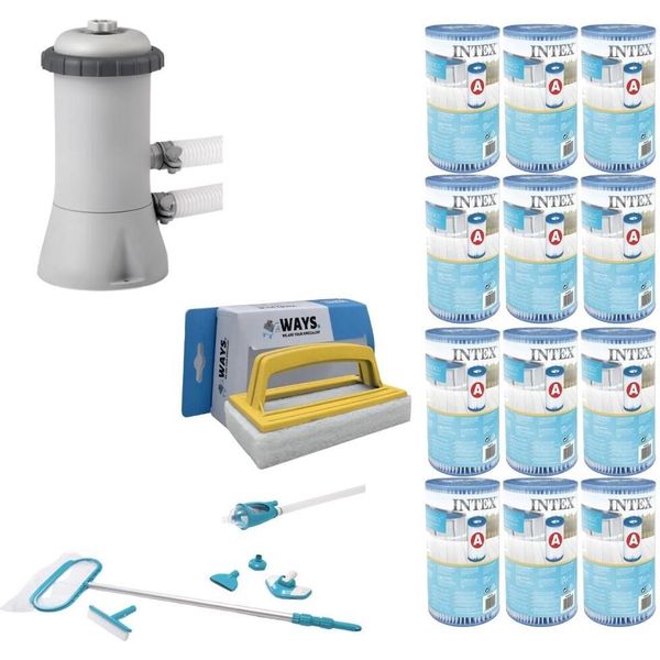 Ways - Cura Della Piscina - Set Di Manutenzione Deluxe & Pompa Filtro 2271 L/U & 12 Filtri Tipo A & Spazzola Ways-image
