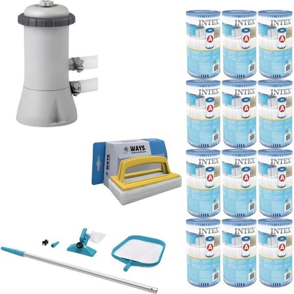 Ways - Cura Della Piscina - Set Di Manutenzione E Pompa Filtro 2271 L/U & 12 Filtri Tipo A & Spazzola Ways-image