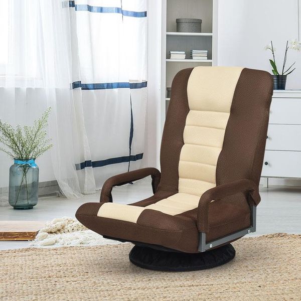 Sedia Reclinabile Costway Ruotabile A 360°, Sedia Da Pavimento Con Schienale Regolabile In 6 Posizioni, Sedia Reclinabile Fino A 140 Kg Di Portata, Sedia Da Pavimento Poltrona Imbottita, Marrone+Beige-image