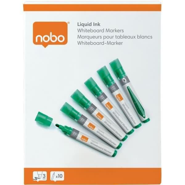 Nobo Confezione Da 10 Pennarelli Per Lavagna Bianca - Punta Tonda 3 Mm - Inchiostro Liquido - Livello Di Inchiostro - Colore Verde-image