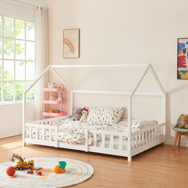 Letto Per Bambini 'Sisimiut' In Look Casa Con Materasso E Protezione Anticaduta In Legno Di Pino 140 X 200 Cm Bianco-image