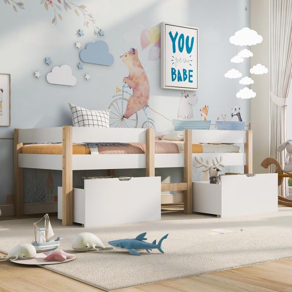 Letto Per Bambini Flieks Con Protezione Anticaduta E Rete A Doghe, Letto A Soppalco In Legno Di Pino 90X190 Cm Con 2 Cassetti, Bianco-image