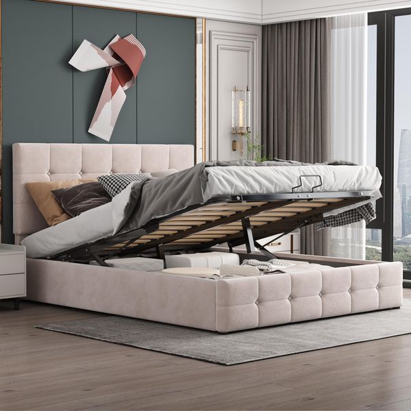 Letto Merax A Molle Idrauliche 140X200Cm Con Rete E Testata Regolabile In Altezza, Letto Imbottito Con Rete A Doghe Metalliche E Contenitore, Letto Matrimoniale In Velluto Con Contenitore, Letto Funzionale, Bianco Crema-image