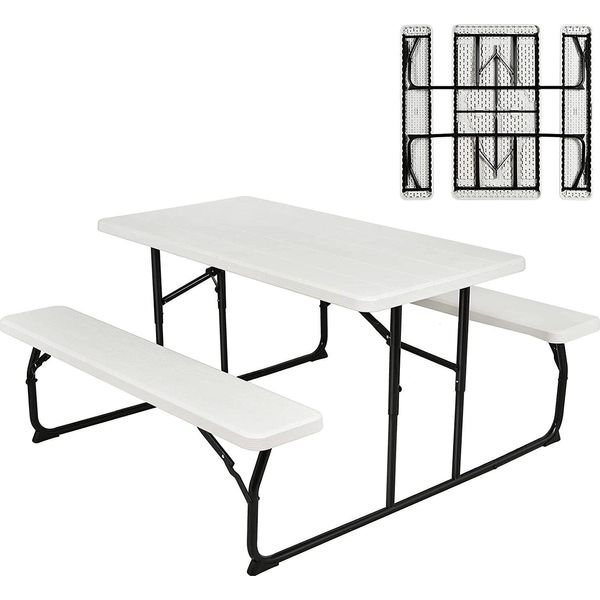 Costway Tavolo Da Picnic Pieghevole Con Panche, Set Da 136 Cm Per Campeggio All'aperto, Set Per Tenda Da Birra, Set Da Tavolo Da Birra Per Patio, Giardino (Bianco)-image
