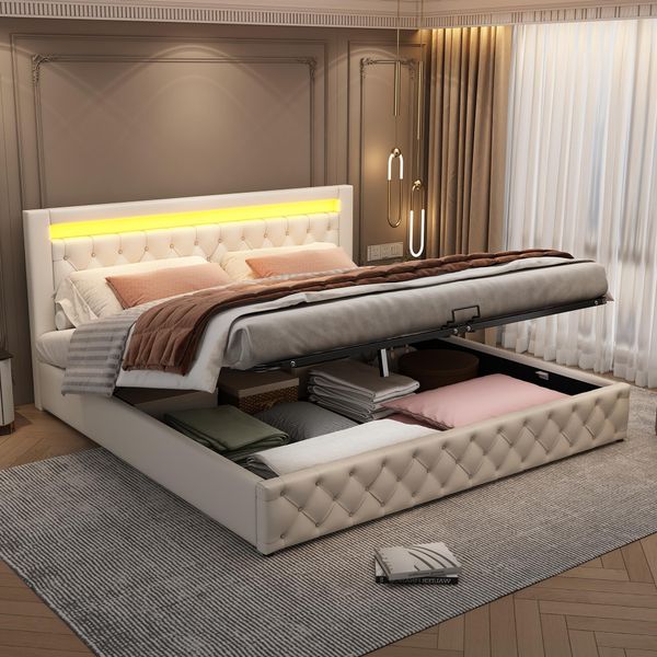 Letto Imbottito Flieks Con Contenitore E Rete A Doghe, Letto A Molle 180X200Cm Matrimoniale Con Led, Letto Contenitore, Letto Funzionale, Bianco-image