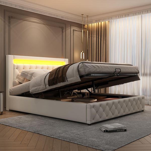 Letto Imbottito Flieks Con Contenitore E Rete A Doghe, Letto A Molle 140X200Cm Matrimoniale Con Led, Letto Contenitore Funzionale, Bianco-image